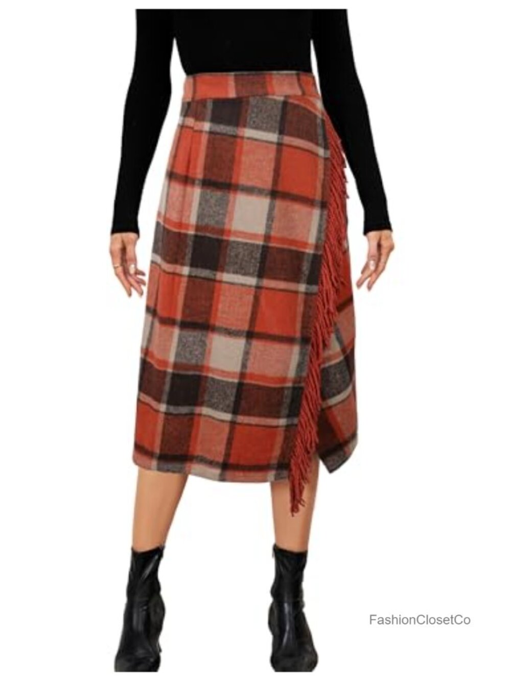 Plaid Fringed Midi Skirt A-Line Wool Wrap Skirt